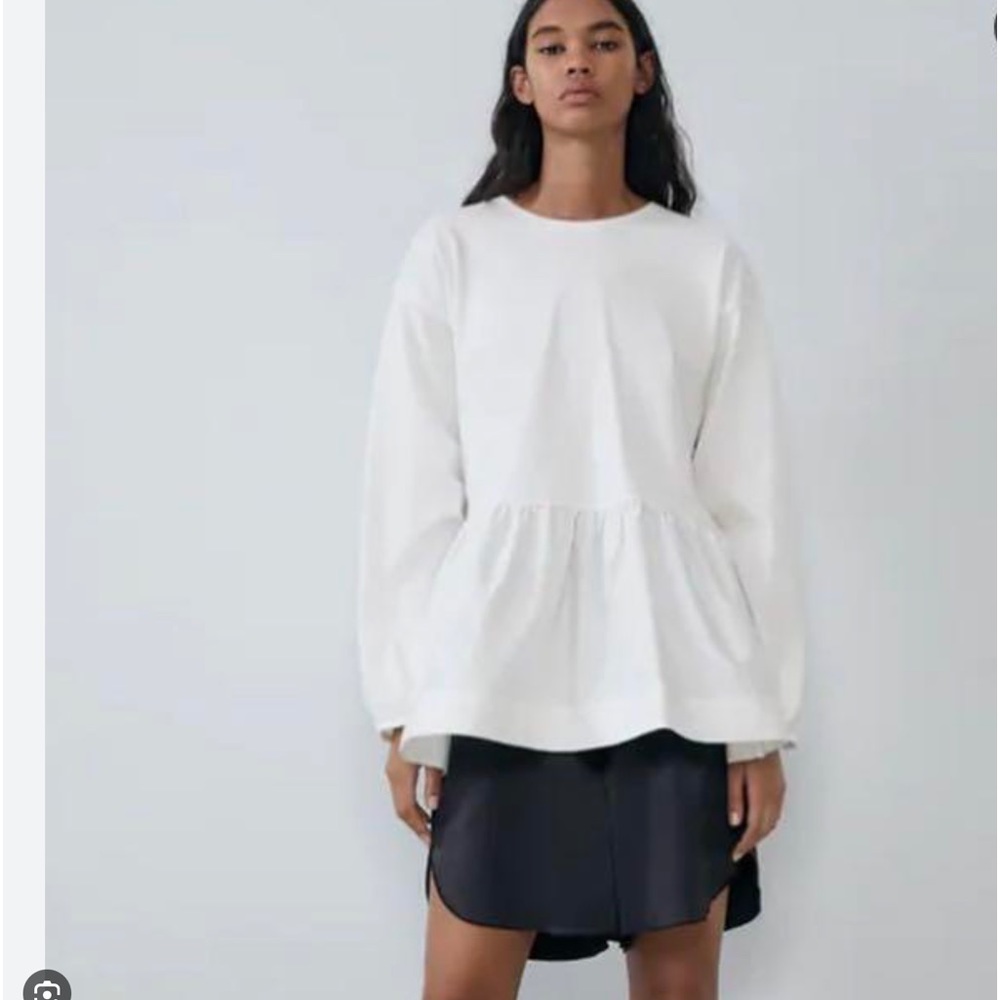 Zara Peplum contrast Tie Open Back Top Long Sleeves Size Small White